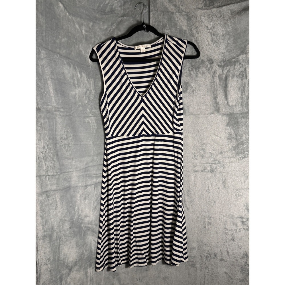 Boston Proper Navy Blue White Striped Sleeveless V-Neck Chevron Bodice Dress
S